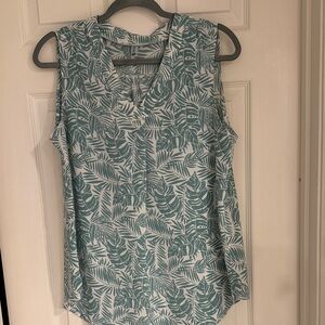 Tropical Leaf Print Sleeveless Blouse - Teal and White